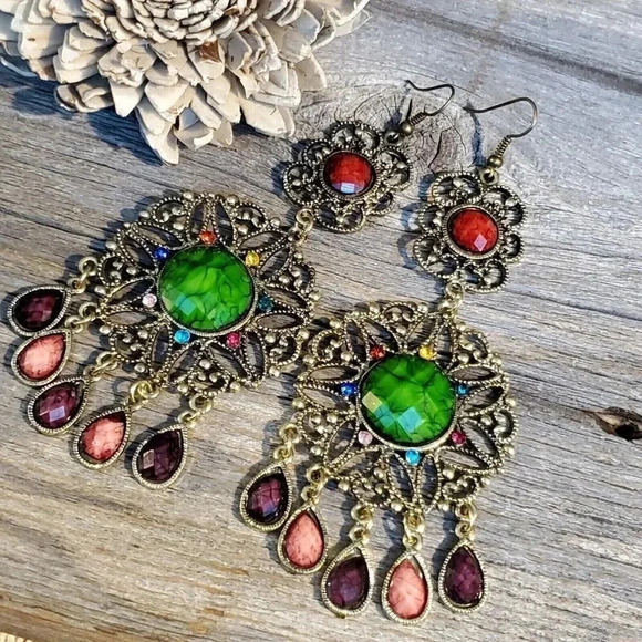 Vintage Neo Victorian Glam Long Faux Stone Dangle Earrings - Picture 6 of 9